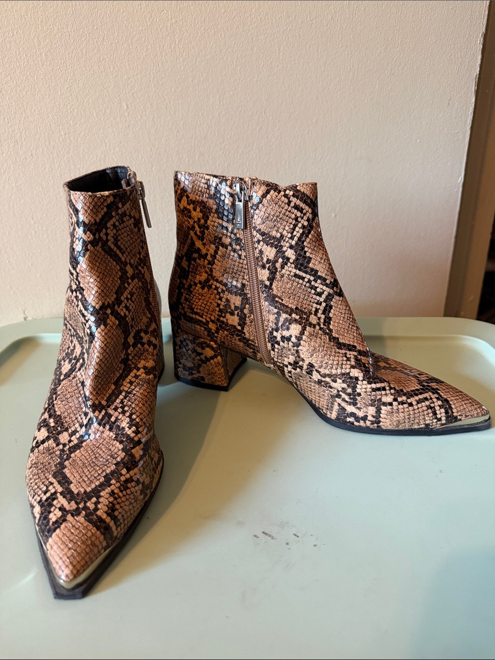 Kenneth Cole Tan and Black Snakeskin Ankle Boots